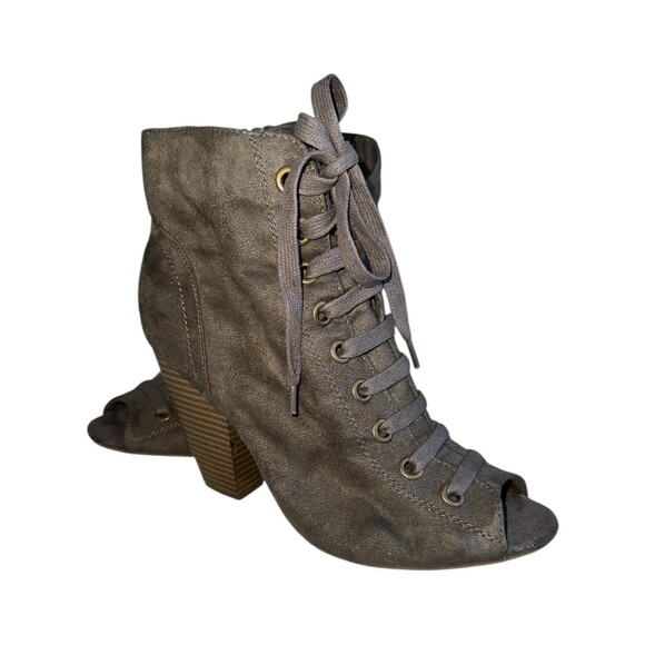 Womens 8 Peep Toe Lace Up Booties Chunky Heel Gray Suede Ankle Boots y2k chugey - Picture 6 of 15